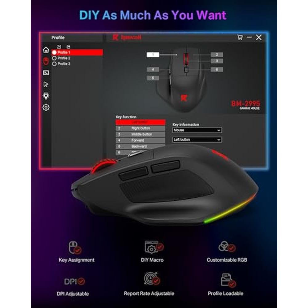 Mouse Modes: Redragon Large Wireless Gaming Mouse Tri-Modes – Side View