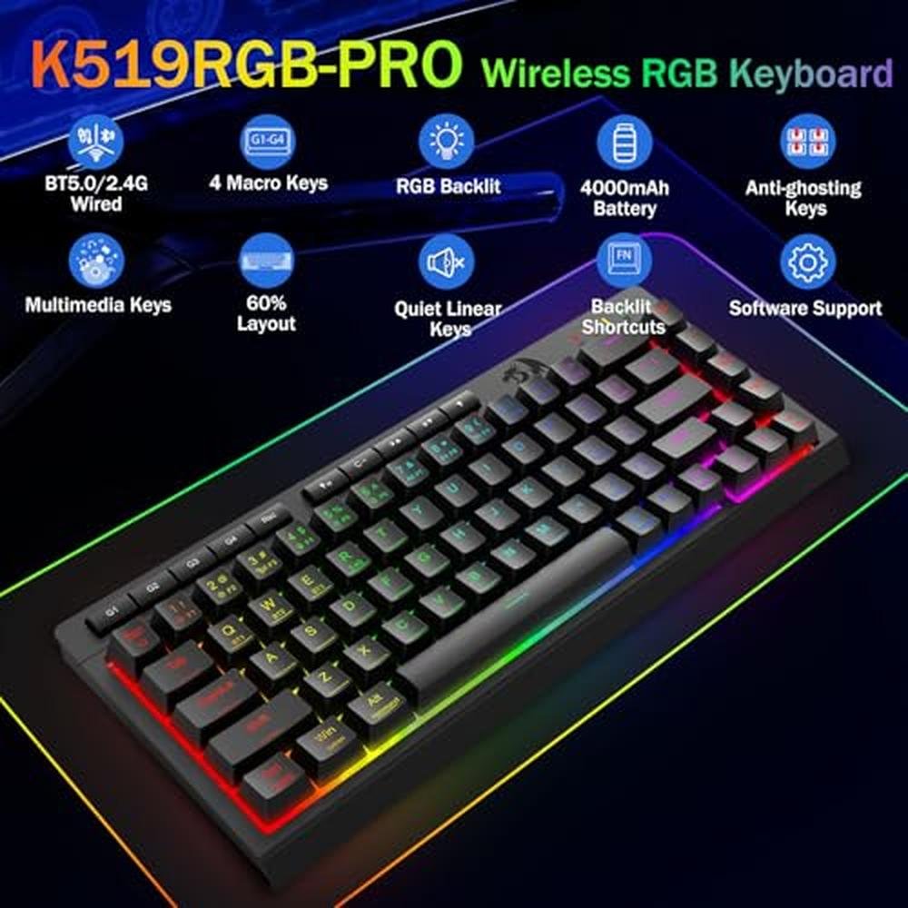 Gaming Keyboard: Redragon K519RGB-PRO 60% Mini Wireless – Side View