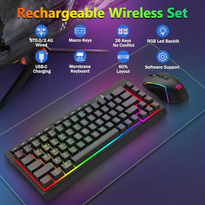 Gaming Keyboard Mouse Combo: Redragon Wireless 60% Portable – Side View