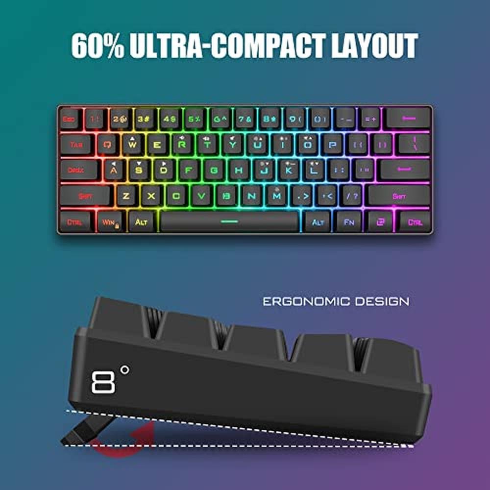 Gaming Keyboard: RedThunder 60% Ultra-Compact 61-Key RGB – Side View