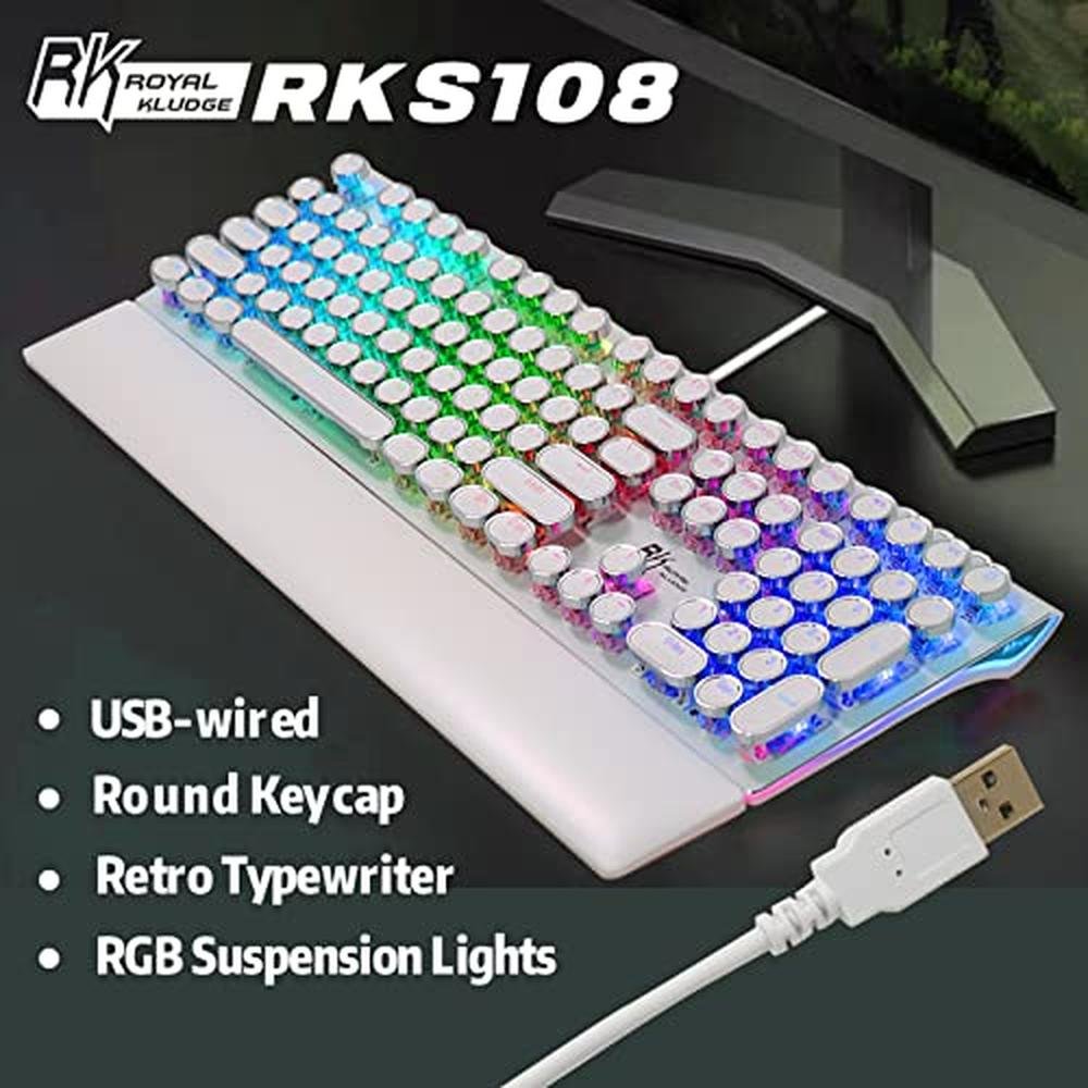 Keyboard White: RK ROYAL KLUDGE S108 Typewriter Style – Side View