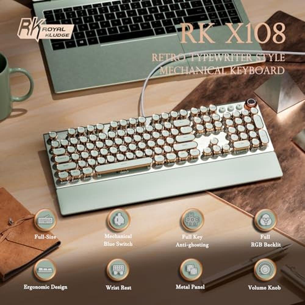 Keyboard Green: RK ROYAL KLUDGE X108 Typewriter Style – Side View