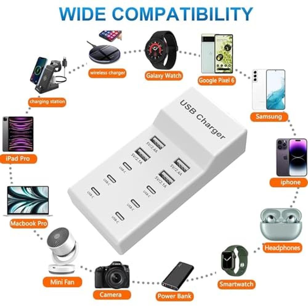 Ports Charger: SCCVEE USB C Charger 10 Ports USB Charging – Side View