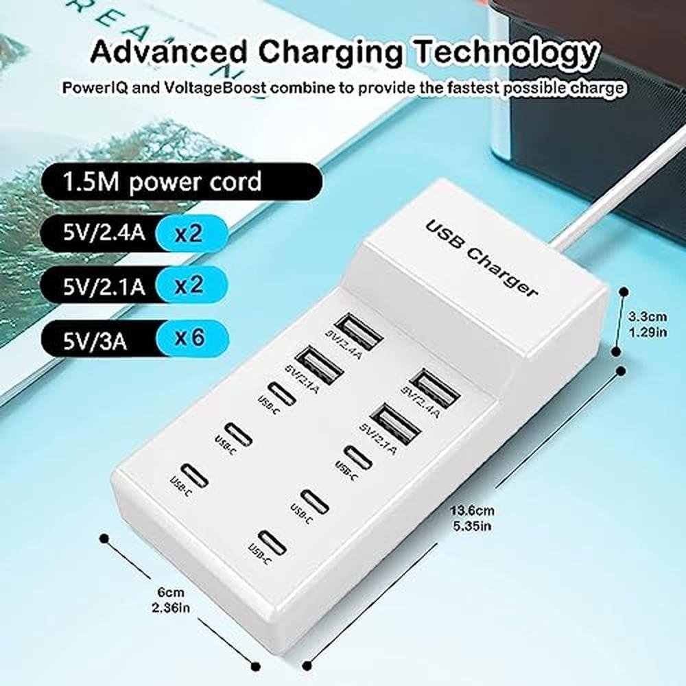 Ports Charger: SCCVEE USB C Charger 10 Ports USB Charging – Close-up Detail