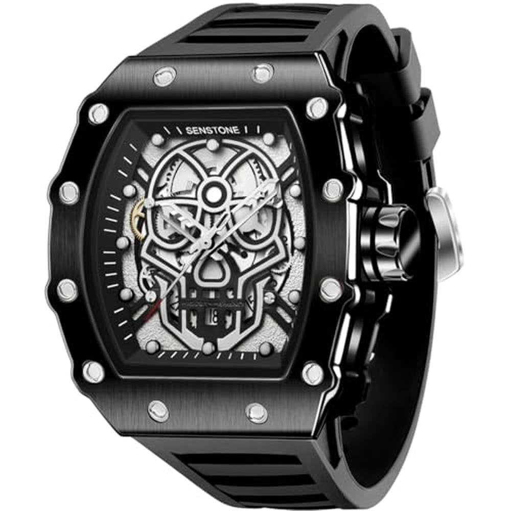 Senstone Mens Watch: Retro Punk Skull Tonneau Design Analog – Front View