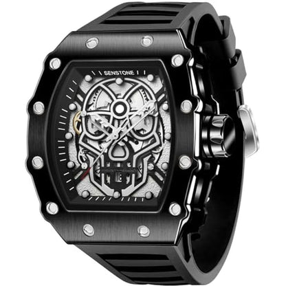 Senstone Mens Watch: Retro Punk Skull Tonneau Design Analog – Front View