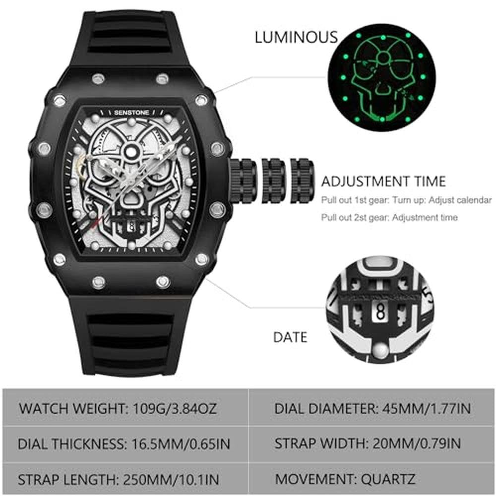 Senstone Mens Watch: Retro Punk Skull Tonneau Design Analog – Side View