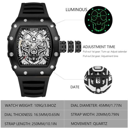 Senstone Mens Watch: Retro Punk Skull Tonneau Design Analog – Side View