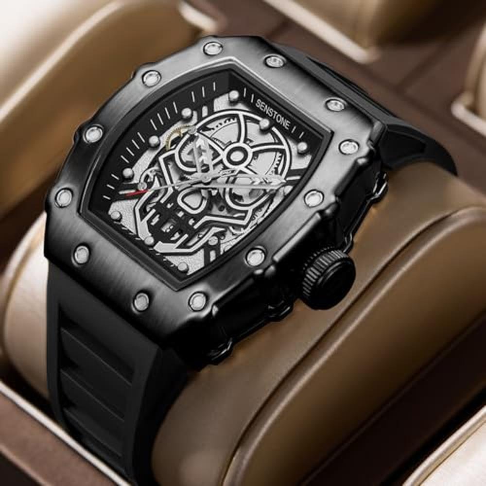 Senstone Mens Watch: Retro Punk Skull Tonneau Design Analog – In Use