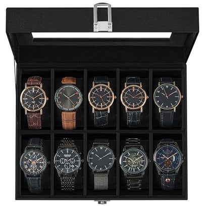 Watch Black: Songmics Watch Box 10 Slot Watch Case Organizer – Front View
