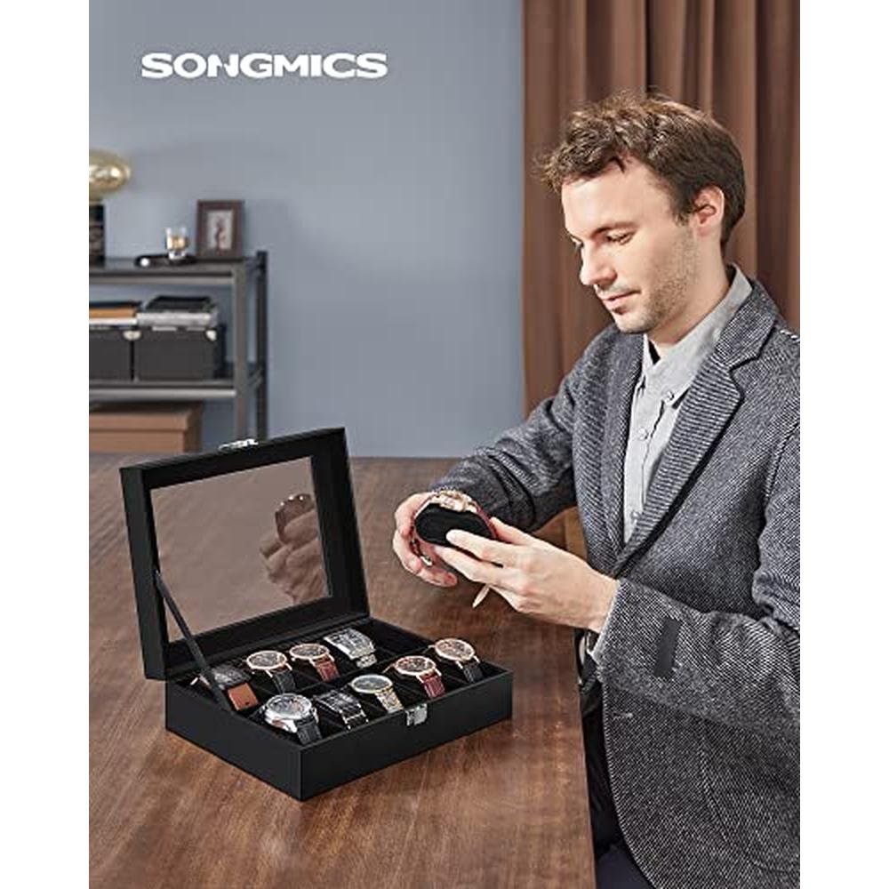 Watch Black: Songmics Watch Box 10 Slot Watch Case Organizer – Side View
