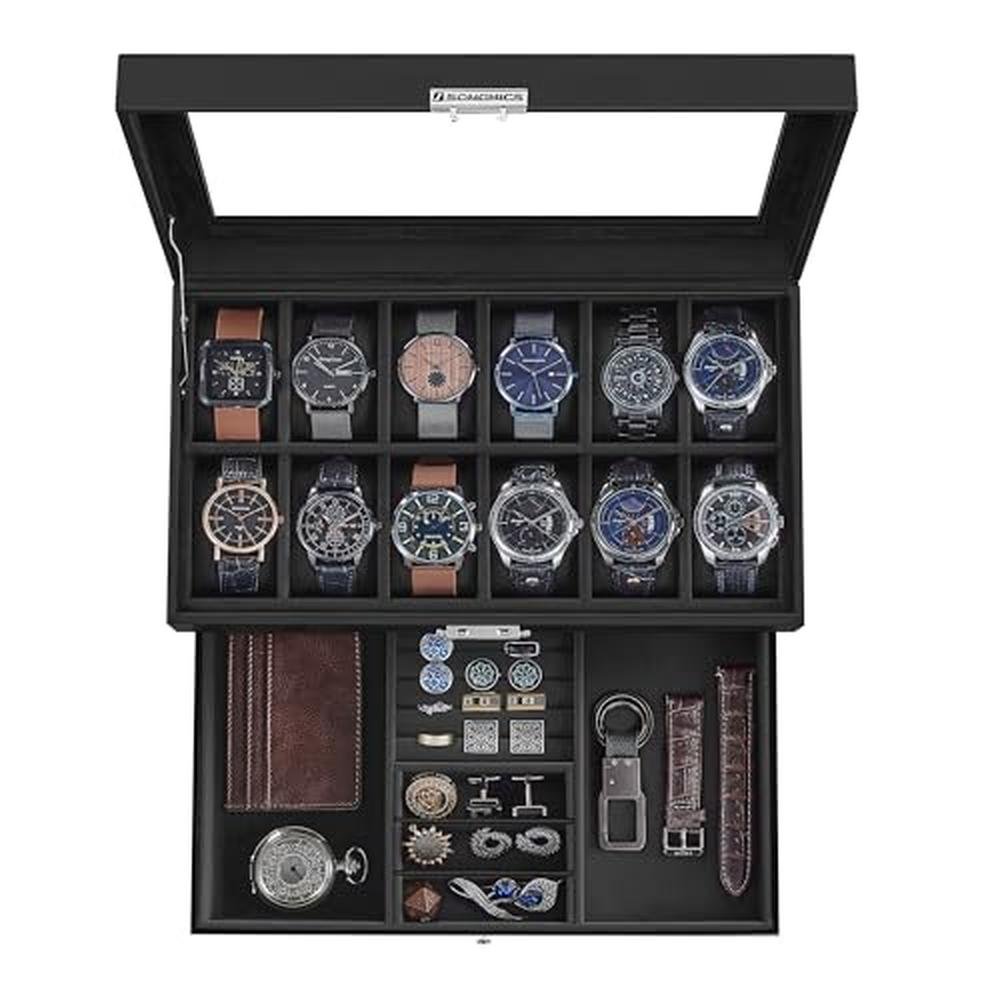Watch Black: Songmics Watch Box 12 Slot Watch Case Organizer – Front View
