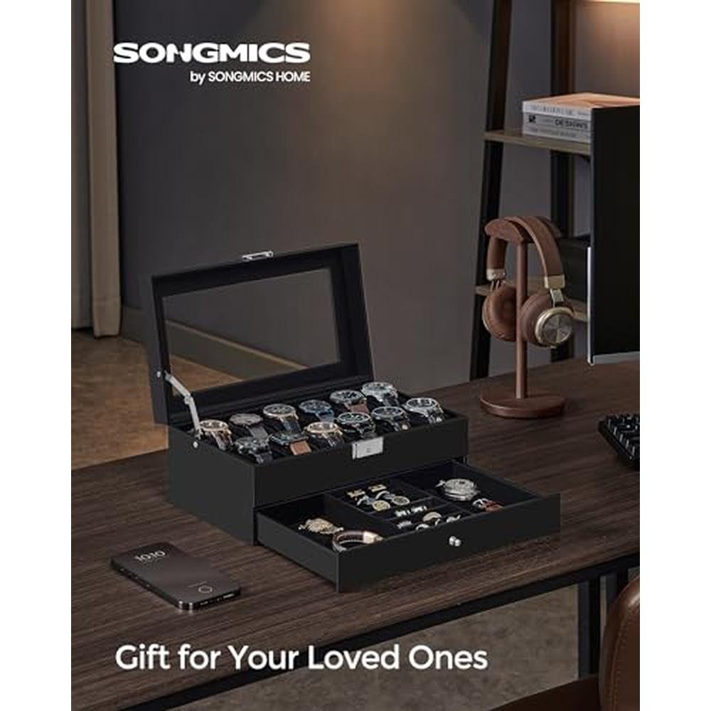 Watch Black: Songmics Watch Box 12 Slot Watch Case Organizer – Side View