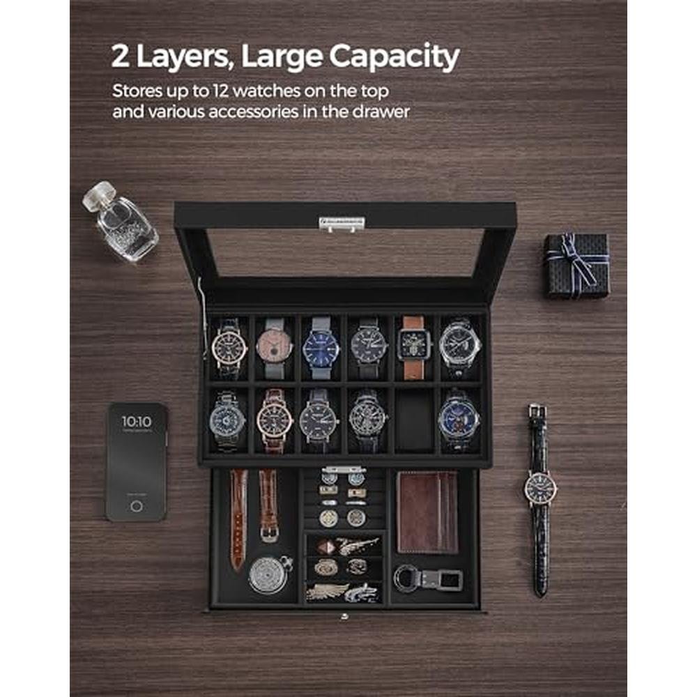 Watch Black: Songmics Watch Box 12 Slot Watch Case Organizer – In Use