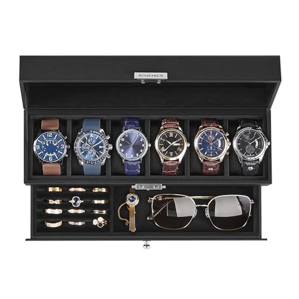 Watch Black: Songmics Watch Box 6 Slot Watch Case Organizer – Front View