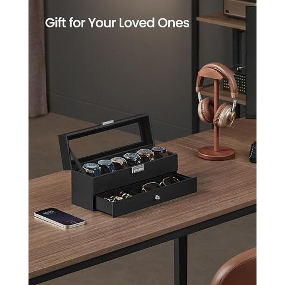 Watch Black: Songmics Watch Box 6 Slot Watch Case Organizer – Side View