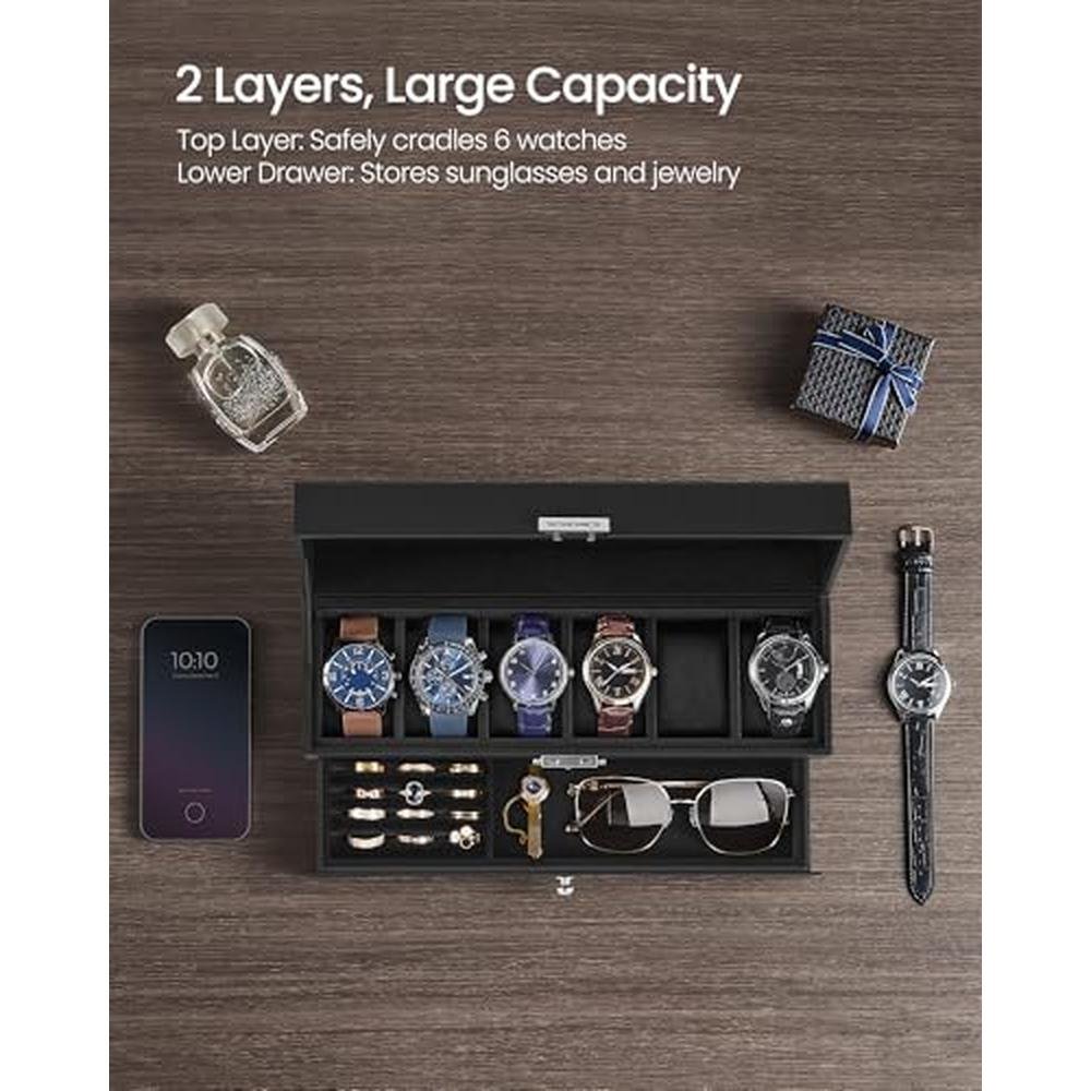 Watch Black: Songmics Watch Box 6 Slot Watch Case Organizer – In Use