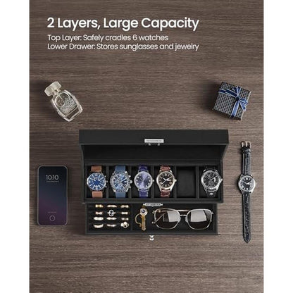 Watch Black: Songmics Watch Box 6 Slot Watch Case Organizer – In Use