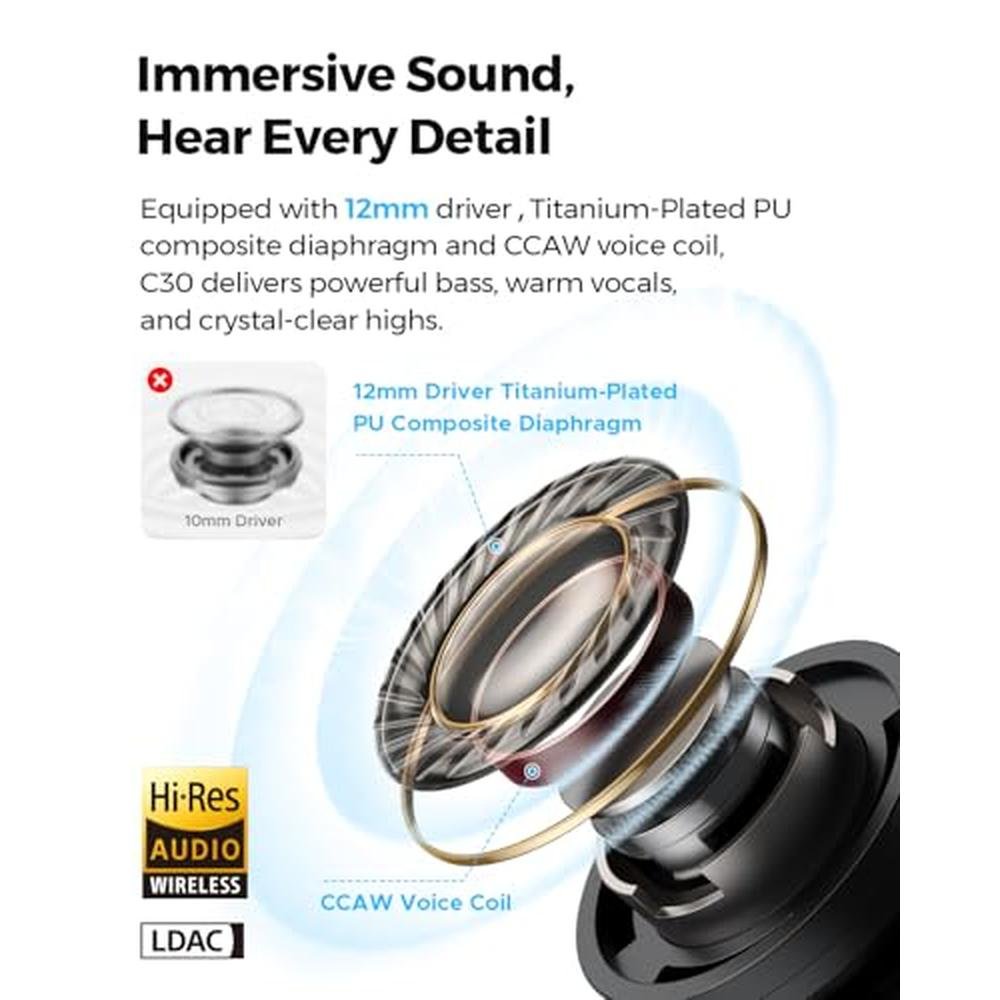 SOUNDPEATS C30 Hybrid ANC Earbuds with LDAC Hi-Res Audio – Close-up Detail