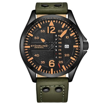 Watch Mens: Stuhrling Original Aviator 42mm Leather Strap – Front View