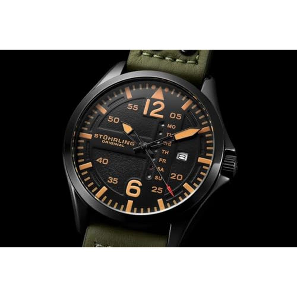 Watch Mens: Stuhrling Original Aviator 42mm Leather Strap – Close-up Detail