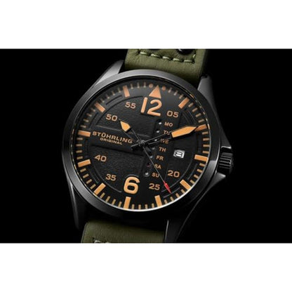 Watch Mens: Stuhrling Original Aviator 42mm Leather Strap – Close-up Detail