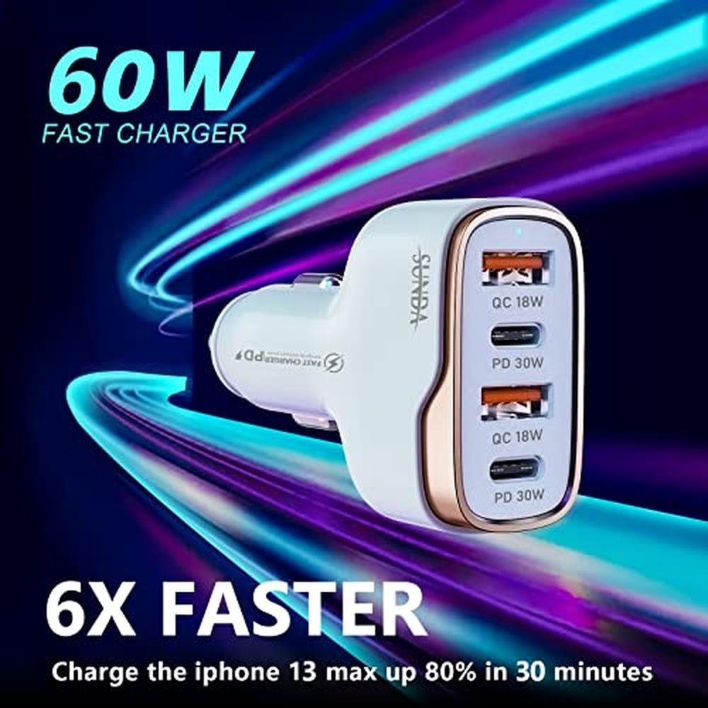 Car Charger: SUNDA 60W USB C Fast Car Charger 4 Ports – Close-up Detail