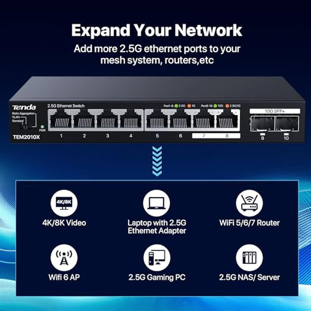 Switch Tenda: Tenda TEM2010X 10-Port 2.5G Network Switch – Side View