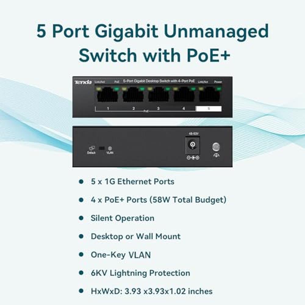 Poe Port: Tenda TEG1105P 5-Port Gigabit Poe Switch – Side View