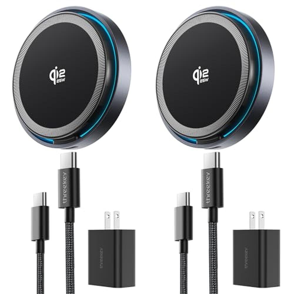 THREEKEY for MagSafe Charger: 2 Pack Qi2 25W Fast Charging – Front View