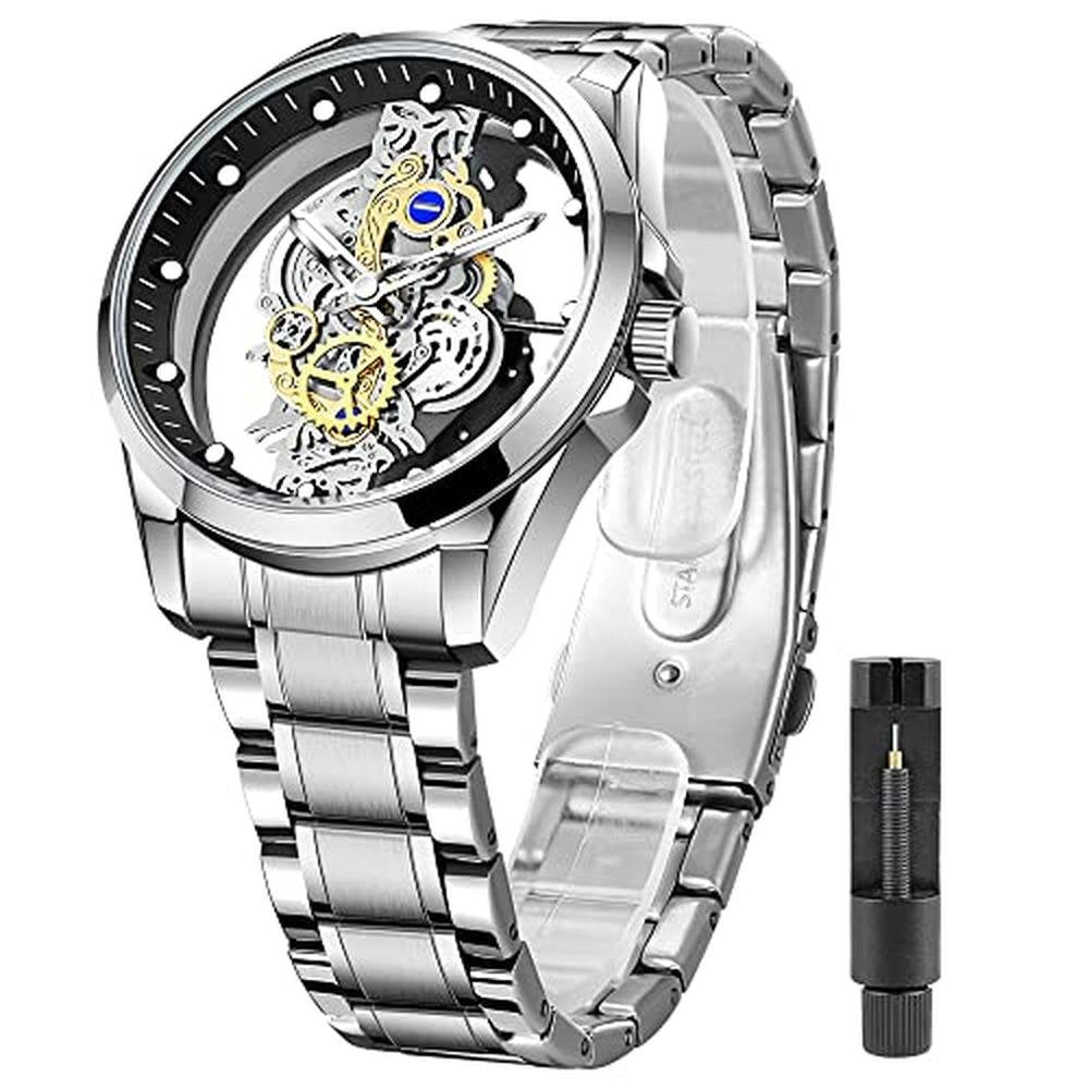Men's Tiong Watch: Tiong Men's Skeleton Quartz Stainless – Front View