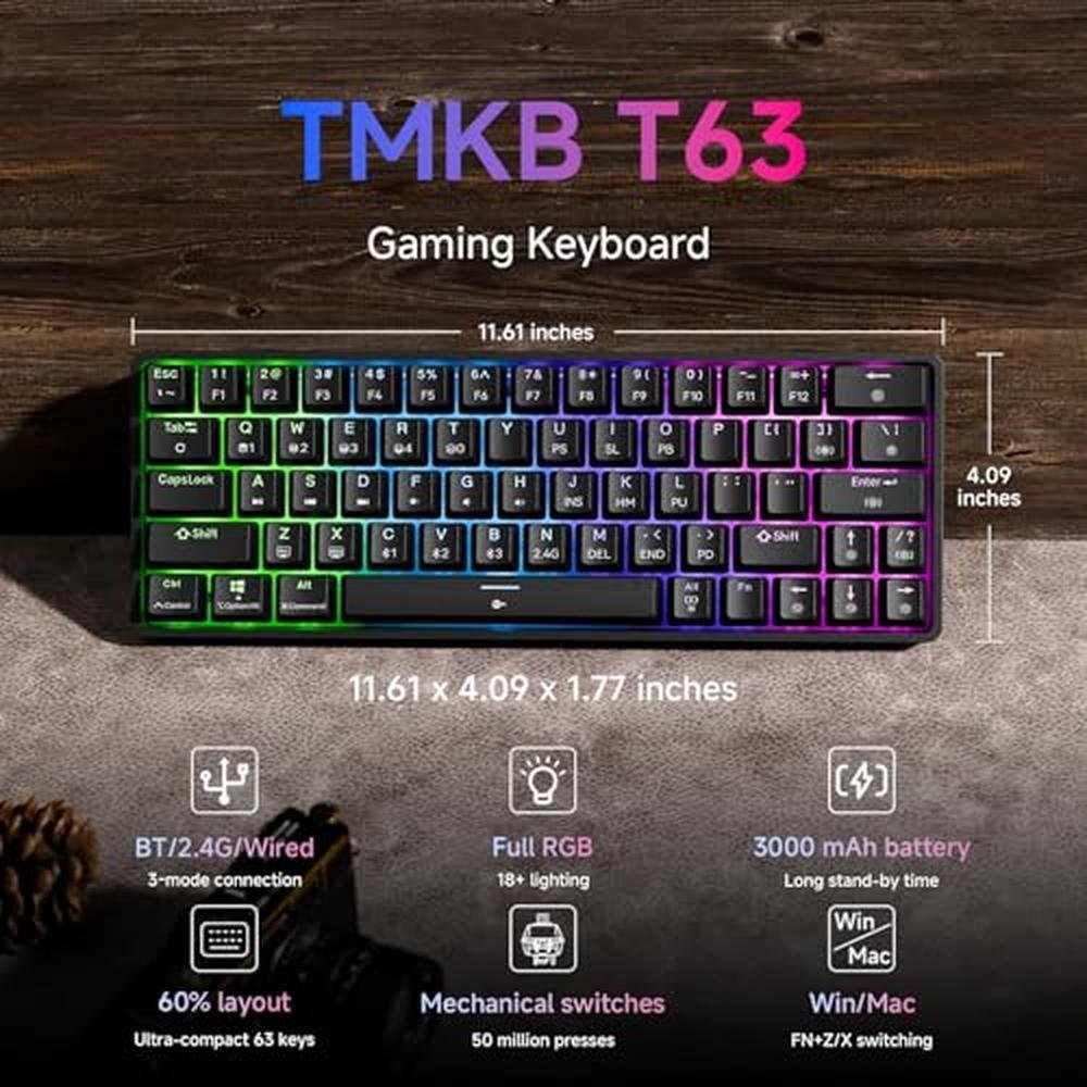 Gaming Keyboard: TMKB T63 60% Wireless Mechanical Keyboard – Side View