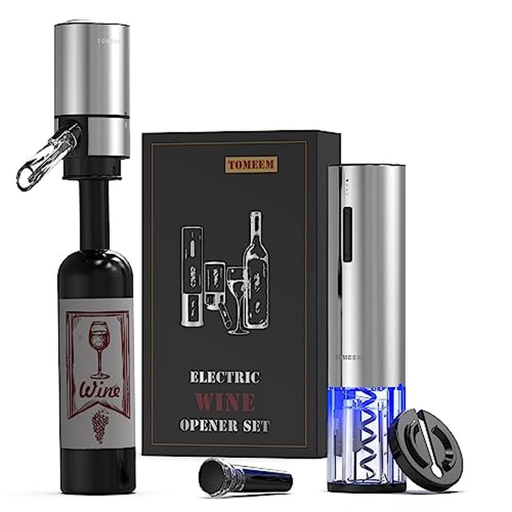 Electric Wine Opener: TOMEEM 4-in-1 Set with Foil Cutter – Front View