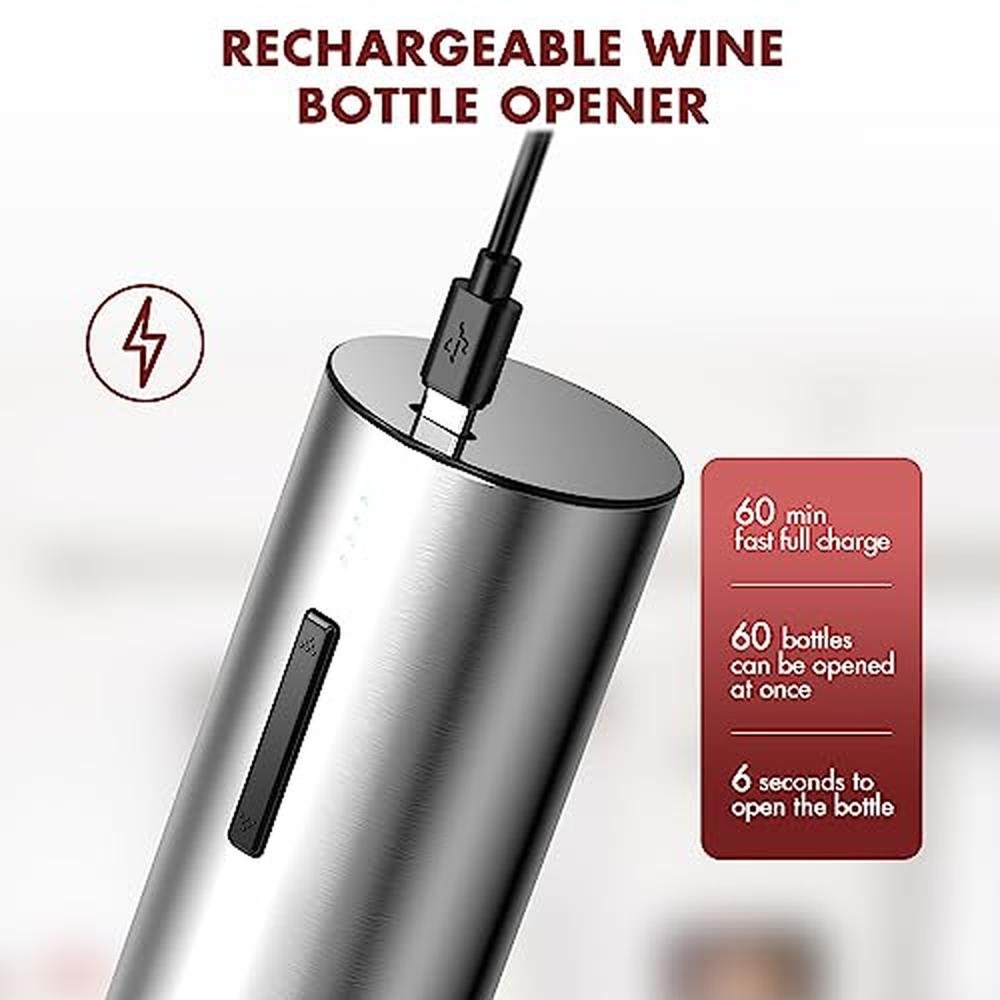 Electric Wine Opener: TOMEEM 4-in-1 Set with Foil Cutter – Side View