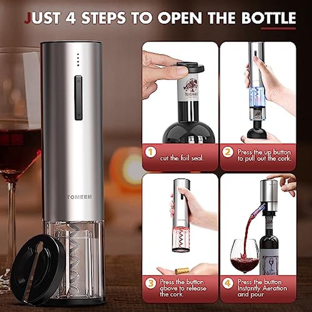 Electric Wine Opener: TOMEEM 4-in-1 Set with Foil Cutter – In Use