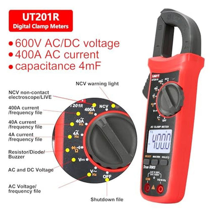 Digital Clamp Meter: UNI-T UT201R 4000 Counts Multimeter – Close-up Detail