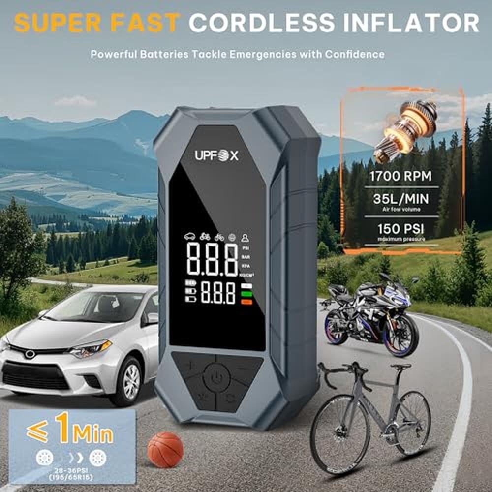 Tire Air: UPFOX Tire Inflator Portable Air Compressor 150PSI – Side View