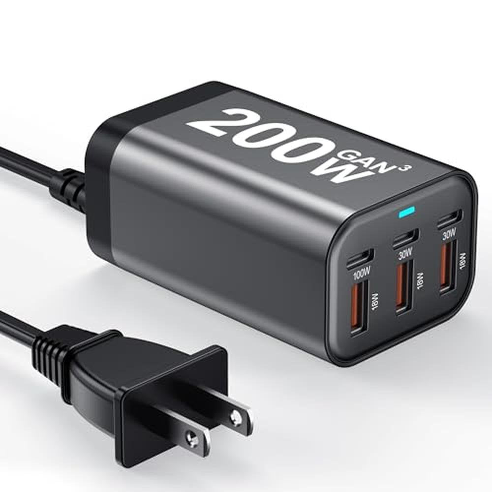 Charger Block: 200W 6 Port GaN Fast Charging Station Hub – Front View