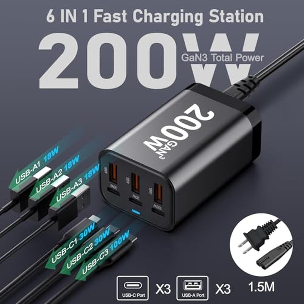 Charger Block: 200W 6 Port GaN Fast Charging Station Hub – Side View