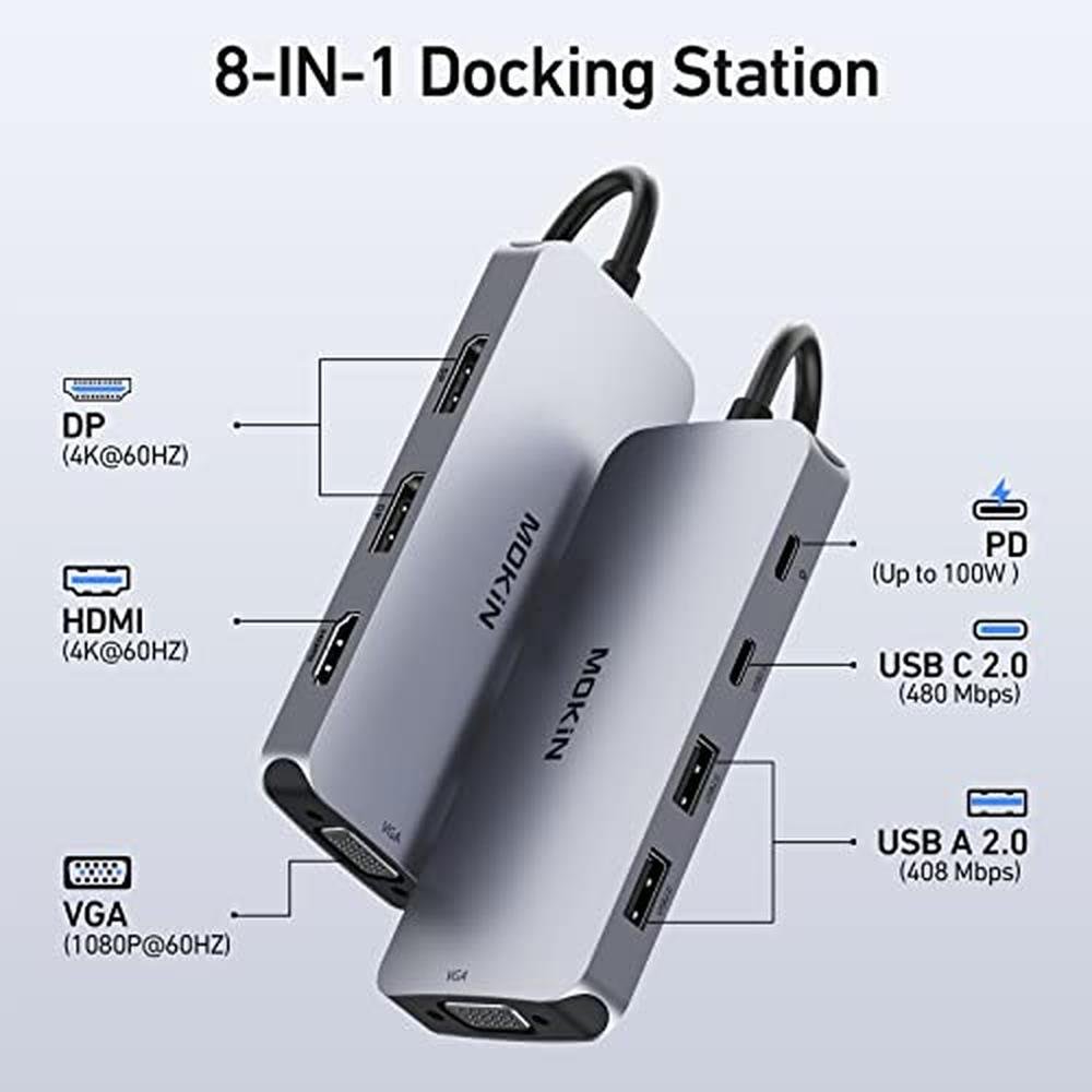 Docking Station: USB C 8-in-1 Hub with Dual DisplayPort – Side View