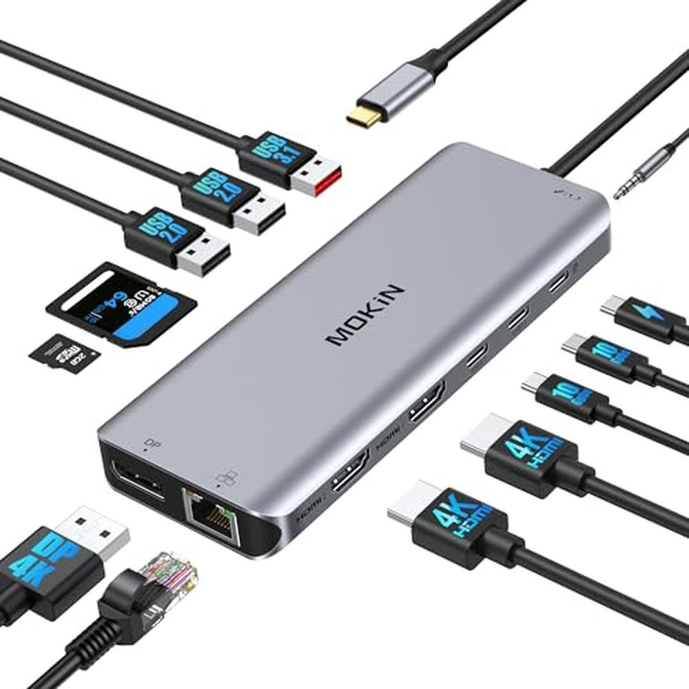 Dual Hub: Mokin USB C Laptop Docking Station 13-in-1 Dual – Front View