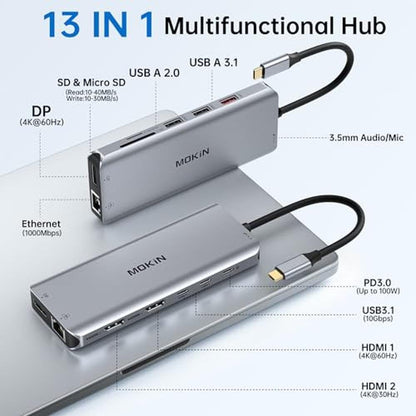 Dual Hub: Mokin USB C Laptop Docking Station 13-in-1 Dual – Side View