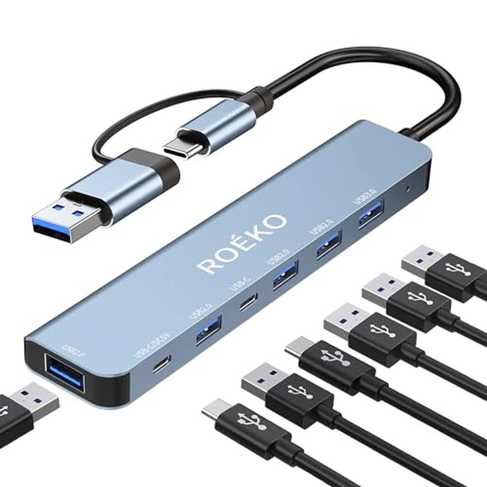 Hub Multiport: Grey 7-in-1 USB Hub 3.0 with Multiport – Front View