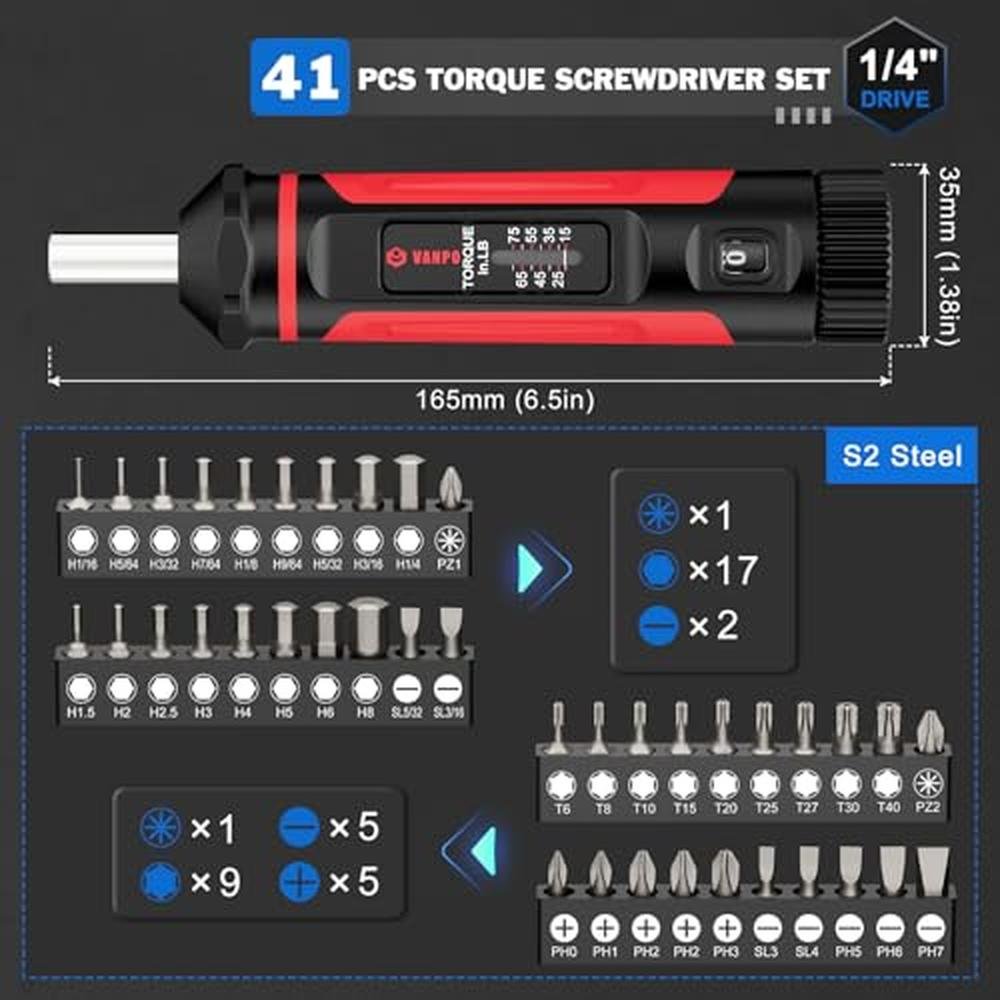 VANPO Torque Screwdriver: 15-75In-lb Torque Screw Driver – Side View