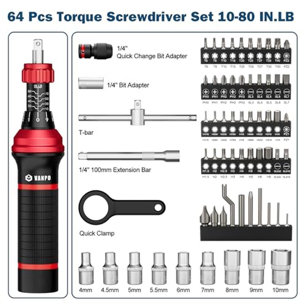 VANPO Torque Screwdriver Set: 64 Pieces 1080 in-lb 1/4" – Side View