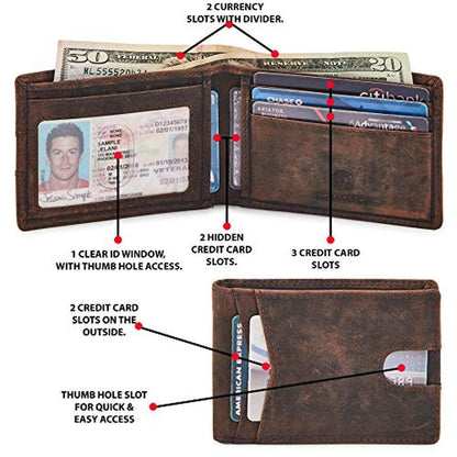 Wallet for Men Bifold Real Leather Slim RFID Blocking Front – Close-up Detail