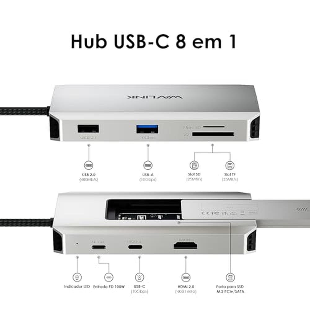 NVMe SATA: Wavlink 8-in-1 USB-C Hub with M.2 NVMe SATA SSD – Side View