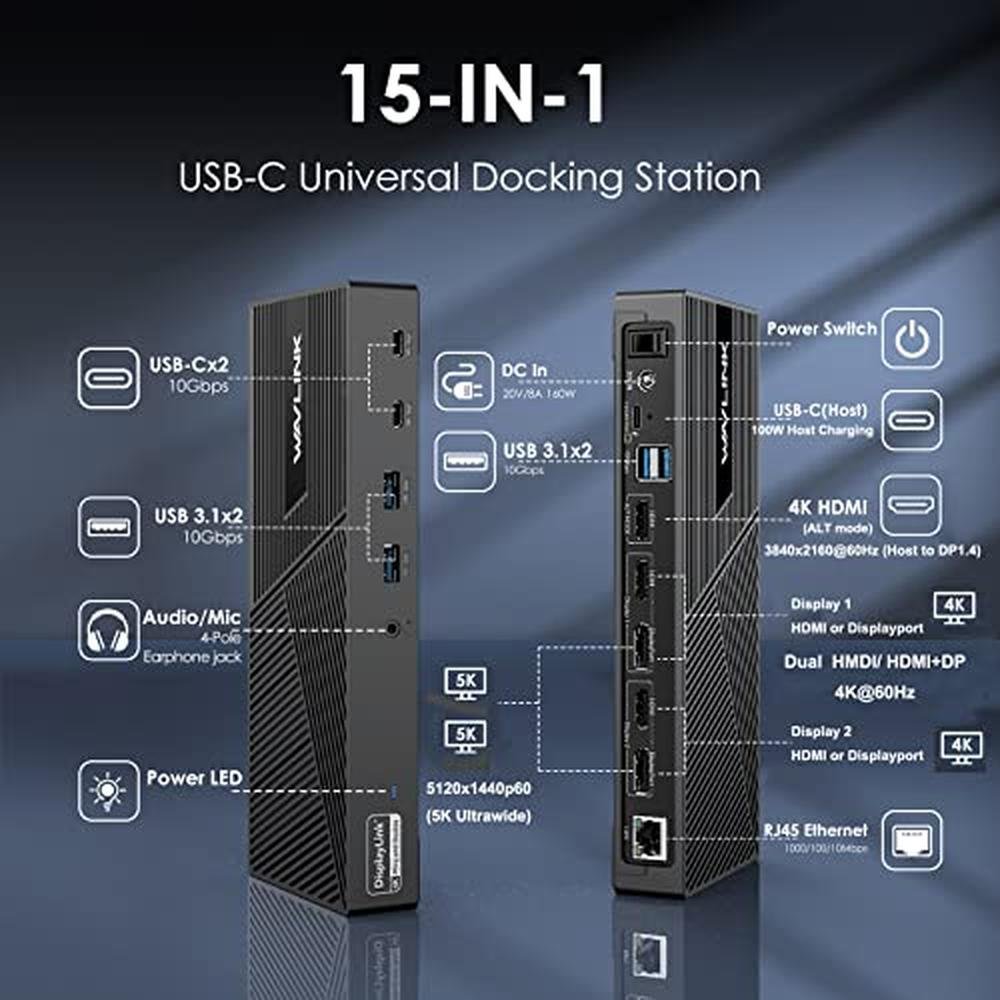 Wavlink DisplayLink: Wavlink Triple Monitor 4K 60Hz Docking – Side View