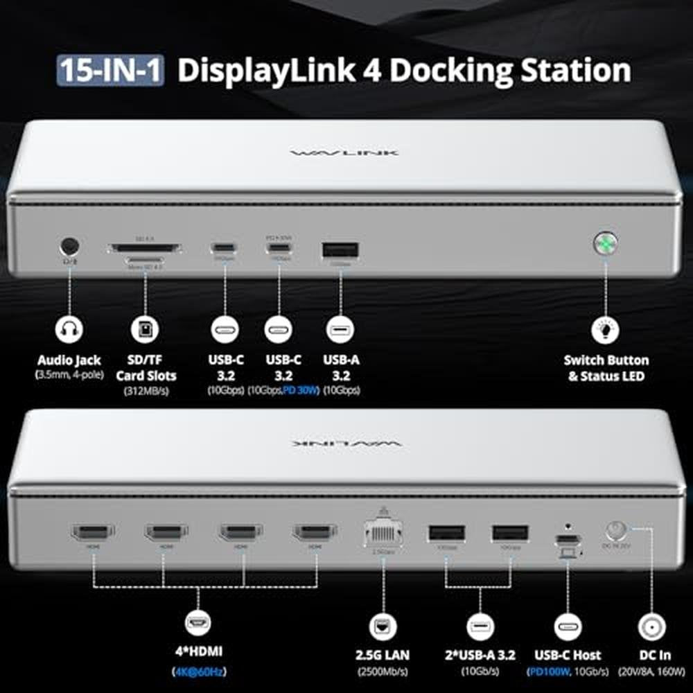 WAVLINK Pro Docking Station: Quad 4K Displays for Mac & – Side View