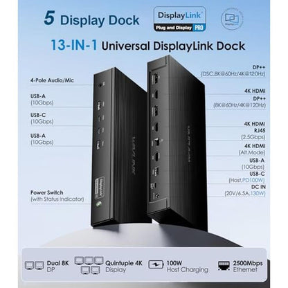 WAVLINK Pro Docking Station: 5-Monitor Support with – Side View